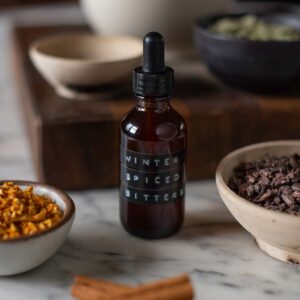A bottle of winter spiced bitters surrounded by the ingredients.